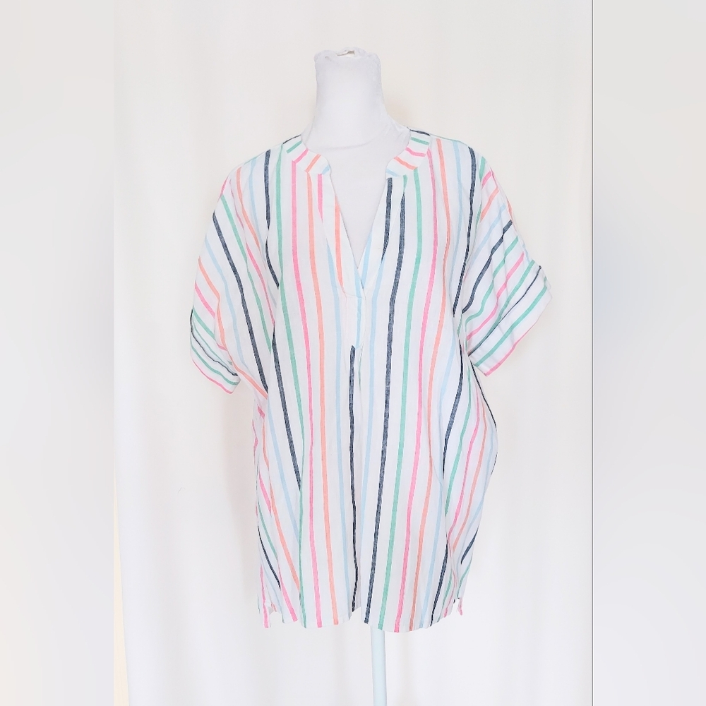 St. John's Bay Colorful Stripe Woven Cotton Linen Blend Top Size Small